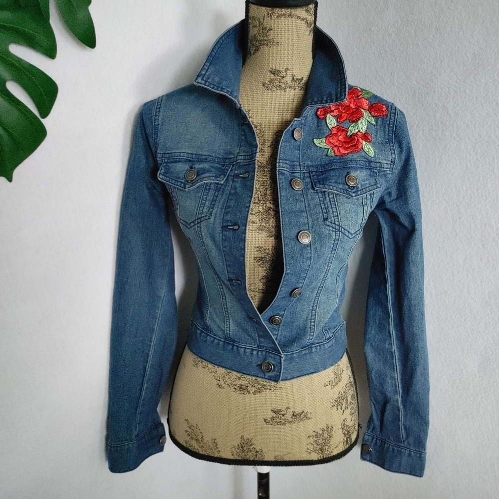 Charming Charlie Denim Jean Jacket with Rose Flowers